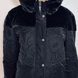 Desigual Abruzzo Padded Coat Black Floral Quilted Faux Fur Puffer Hood Size XS/S